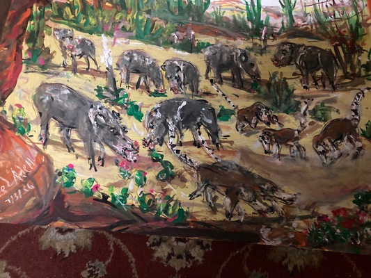 Fred Adell - Wildlife Artist Pigs mixed media (ink, watercolor, tempera, color pencils)) on watercolor paper.