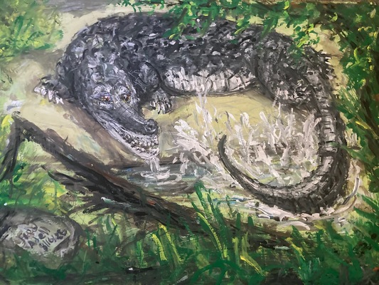 Fred Adell - Wildlife Artist Alligators  Mixed Media (Ink, watercolor, tempera, color pencils) on illustration board.