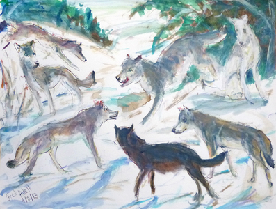 Fred Adell - Wildlife Artist Dogs (wild) and Wolves Mixed media (ink, watercolor, tempera, oil pastel)