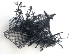 Gilda Pervin Wall Sculpture 1 Acrylic paint, found objects, netting, cement backing