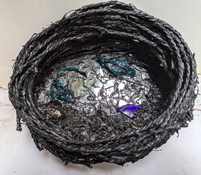 Gilda Pervin Wall Sculpture 1 Twine, acrylic paint, shatter glass, glass, coal