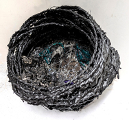 Gilda Pervin Wall Sculpture 1 Twine, acrylic paint, shatter glass, glass, coal
