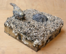 Gilda Pervin  Sculpture Portland cement, sand, coarse sand aggregate, acrylic medium and paint, bird form , on wood