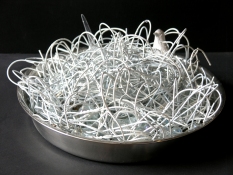 Gilda Pervin  Sculpture Metal hangers, acrylic medium, acrylic paint, marbles, shatter glass, bird form, plastic knife. metal pan