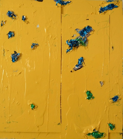 Guy Romagna yellow paintings oil paints and aluminum tooling foil on honeycomb cardboard