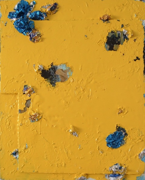 Guy Romagna yellow paintings oil paint and aluminum on honeycomb cardboard ground