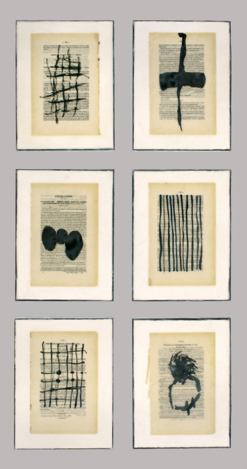 Gwendolyn Plunkett New Language Grid - Booked  Ink, old book pages, encaustic medium, oil bar on panel