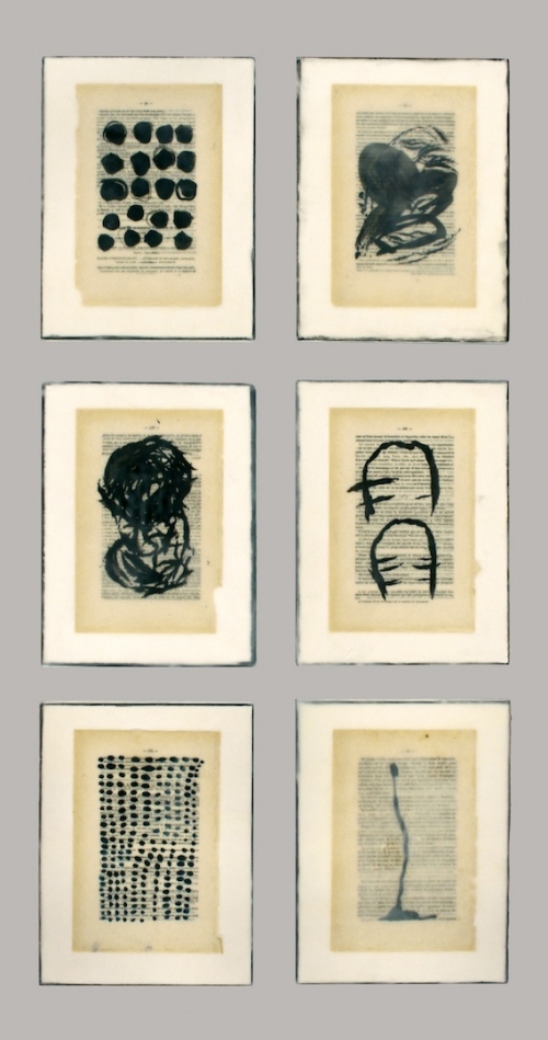 Gwendolyn Plunkett New Language Grid - Booked  Ink, old book pages, oil bar and encaustic medium on panels