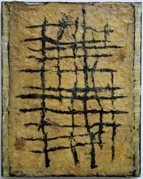 Gwendolyn Plunkett Linear A India ink, Lokta paper, old book pages, oil bar,  encaustic medium on panel