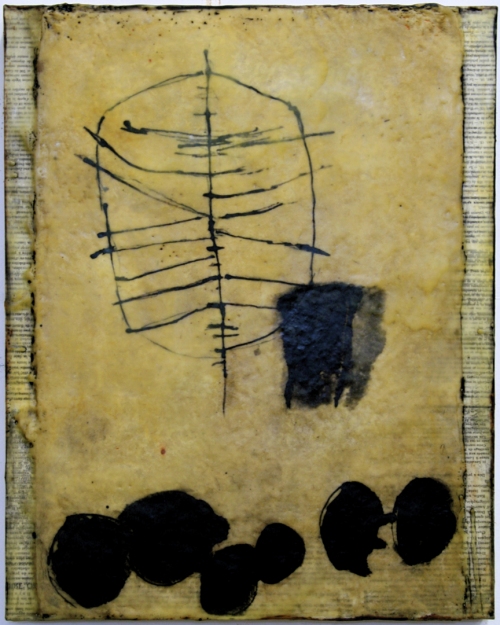 Gwendolyn Plunkett Linear A India Ink, Lokta paper, old book pages, oil bar, encaustic medium on panel