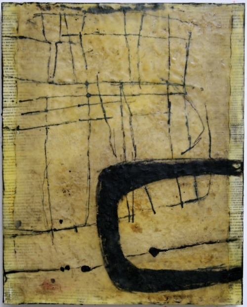 Gwendolyn Plunkett Linear A India Ink, Lokta paper, old book pages, oil bar, encaustic medium on panel