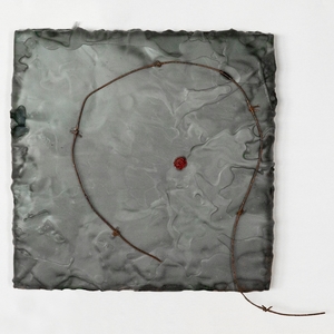HEIDI BARKUN Karma Beeswax, dry pigments, oil paint, barbed wire on wood