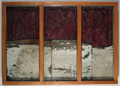 HEIDI BARKUN Paysages Found glass panes, beeswax, oil paint, Laurentian barn wood, plywood; mahogany box