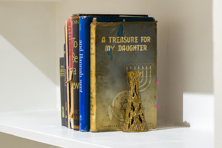 HEIDI BARKUN To be a Jew Books from artist's personal library, artist's grandmother's candle sticks