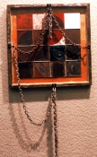 HJ BOTT RELIEFS, all periods, 1948 on acrylics, colored wax, balsa, oil, plyboard, derelict rough frame, basic hardware & rusted chain