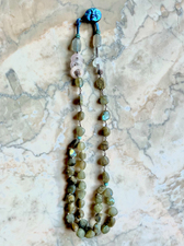 Imogen Gallery Hook, Pulp and Weave Handwoven cord, matte chrysocolla, ancient D'jenne trade glass, patina bronze, oxidized chain, found item key clasp