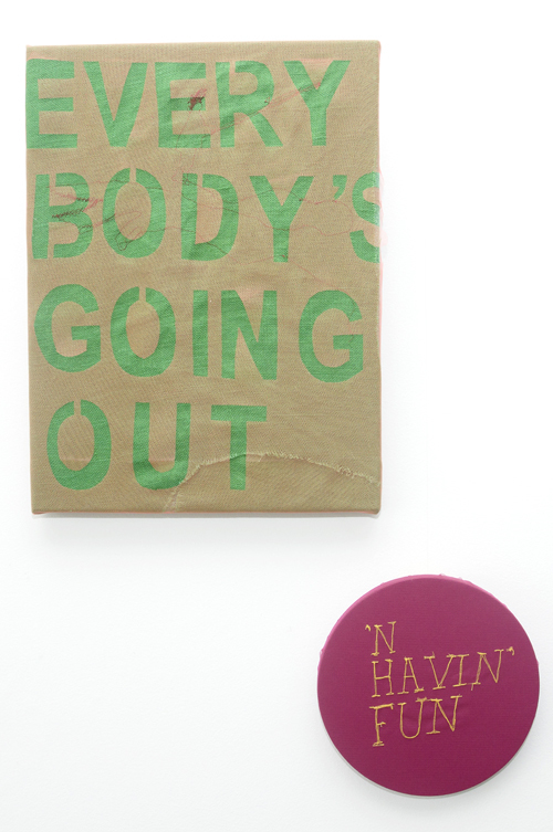Everybodys Going Out Words Fabric, thread, netting on canvas