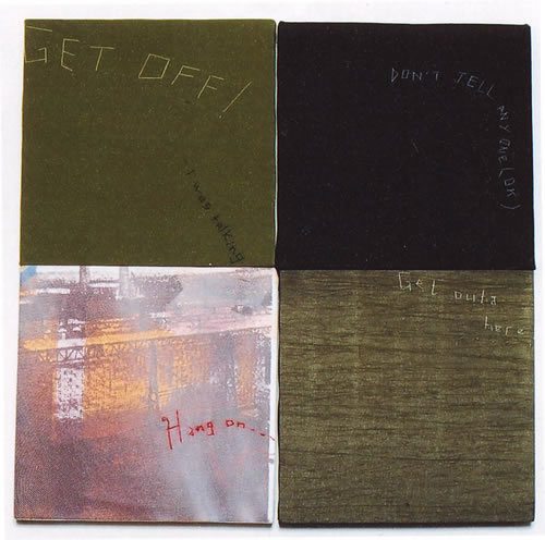 Get off Blocks Thread, screenprint, mixed fabric on wood