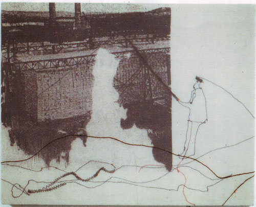 Fishing at the refinery Embroidery Thread, cotton, screenprint on wood