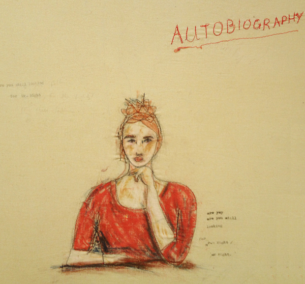 Autobiography Embroidery Thread, pastel, ink on fabric