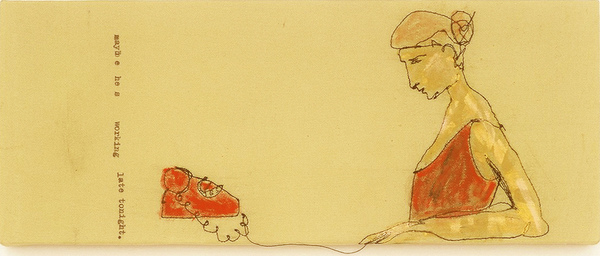 Girl and Telephone Embroidery Thread, pastel, ink on fabric