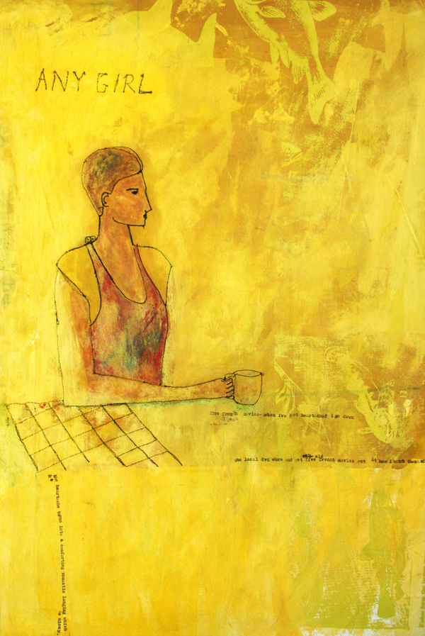 Any Girl Embroidery Painting Thread, pastel,ink acrylic, screenprint on canvas