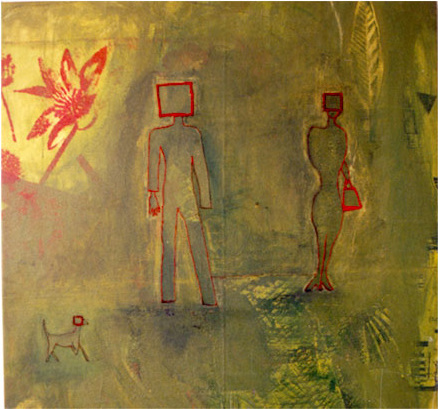 Mr and Mrs Blockhead Embroidery Painting Screenprint, acrylic, ink, thread, pastel on canvas