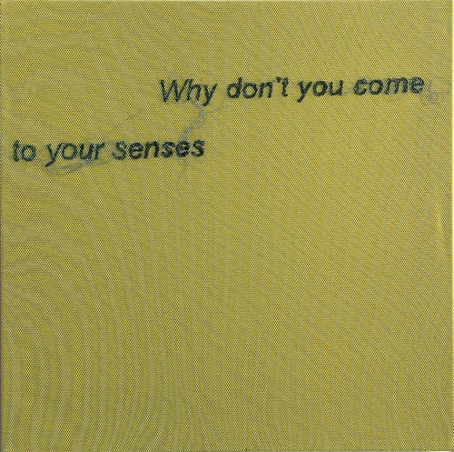 Why don't you come to your senses Words Thread, netting, fabric on canvas