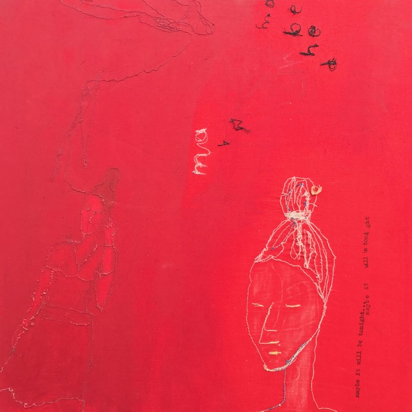 White girl on red (maybe) Embroidery Thread, ink, acrylic on fabric
