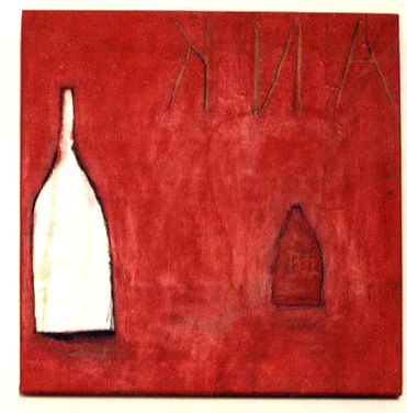 Red bottles (Frank's bar) Early work Acrylic,pastel,thread and charcoal on canvas