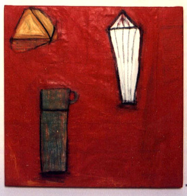 Red Bottle (truckstop) Early work Acrylic,pastel,thread,typwriter ink and charcoal on canvas