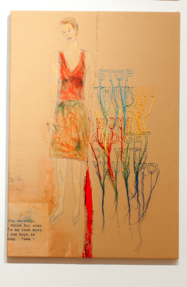 Stop thinking about boys and get on with your work Embroidery Thread, pastel transfer on fabric