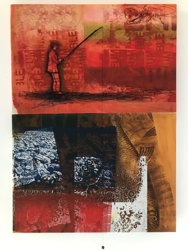 Fishing in the red Embroidery Painting Screenprint, acrylic, thread, pastel, sinker on canvas