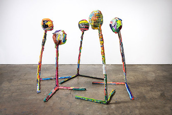 Jaime Scholnick Heads and Toppers foam toppers, PVC pipe, acrylic and Flashe© paints