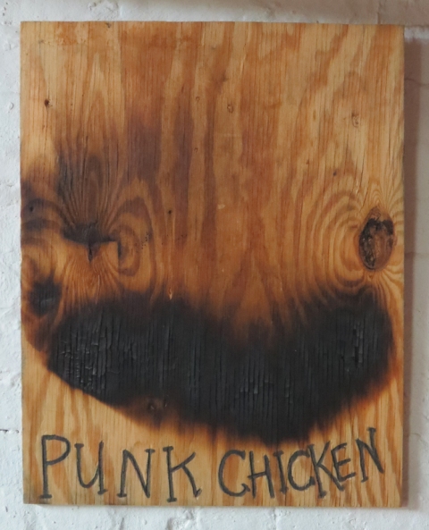 Punk Chicken paintings Fire & cannabis soot-ink on wood