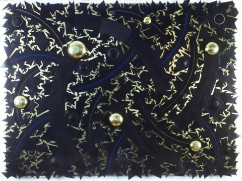 Alien Weather assemblages & sculptures Brass, bells, inner tubes & brass on wood panel