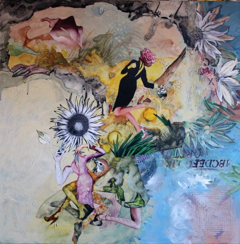 Descending Sisters Private Mythologies acrylic, watercolor ink, photo/collage on Mylar/canvas