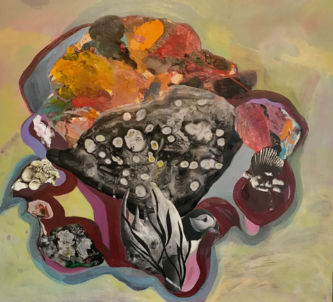 Rhino and Puffin Private Mythologies watercolor ink on Mylar, acrylic/collage on canvas