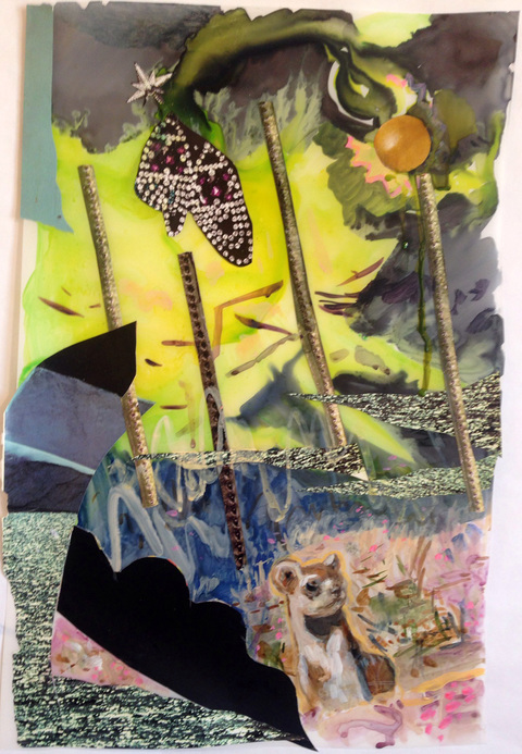 Lunar Phase Prairie Dog (study) Mixed Media on Mylar /wood watercolor ink, acrylic, collage on Mylar