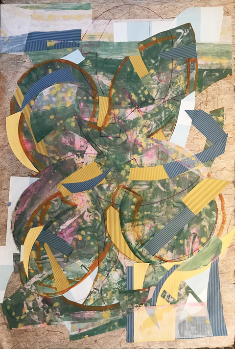 Gathering Dust Mixed Media on Mylar /wood Mylar, acrylic, marker, paper collage on Abaca handmade paper