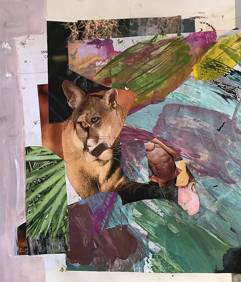 Cat Encounter Mixed Media on Mylar /wood acrylic, watercolor ink, collage, Mylar on paper