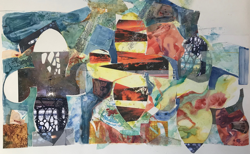 Barcellona Mixed Media on Mylar /wood mixed media collage on Mylar
