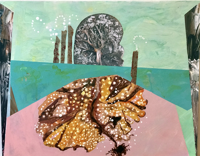 Ocean Garden Sponge (3) Mixed Media on Mylar /wood acrylic, acrylic ink, ink, collage on 1/3" board
