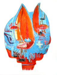 JANET MATHIAS Collage Masks collage of painted paper, sailing images, acrylic and oil pastel