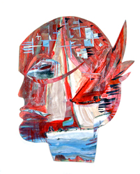 JANET MATHIAS Collage Masks collage of painted paper and boat images