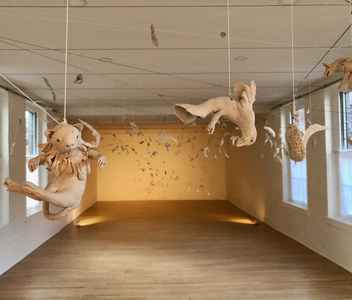 JAN HARRISON Recent Sculpture, Puppets, and ANIMULA - big little soul Installation fired porcelain sculptures suspended from cords and cables.