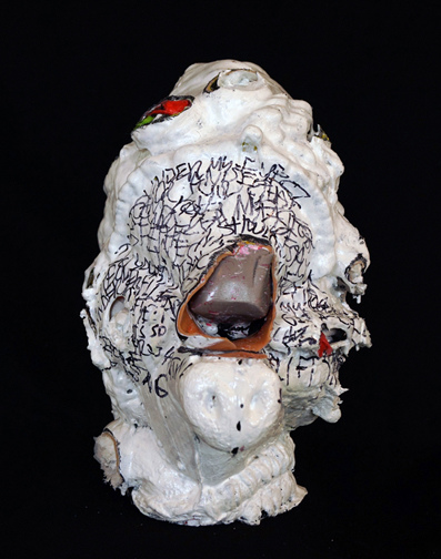 JANICE SLOANE Heads 2007-18 vinyl masks,  plastic bags, styrofoam, steel pins, acrylic paint, permanent marker
