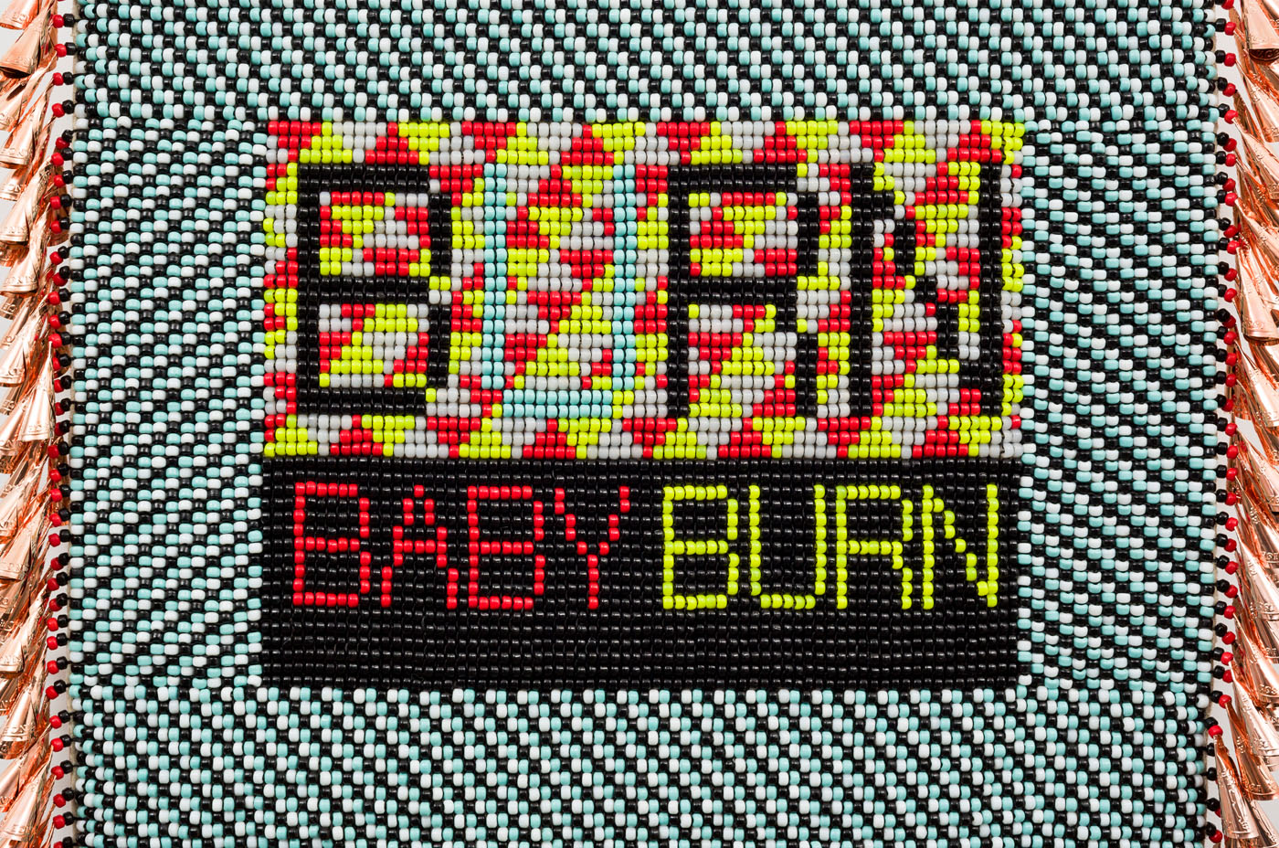  BURN BABY BURN repurposed wool army blanket, canvas, glass beads, plastic beads, copper jingles, nylon fringe, artificial sinew