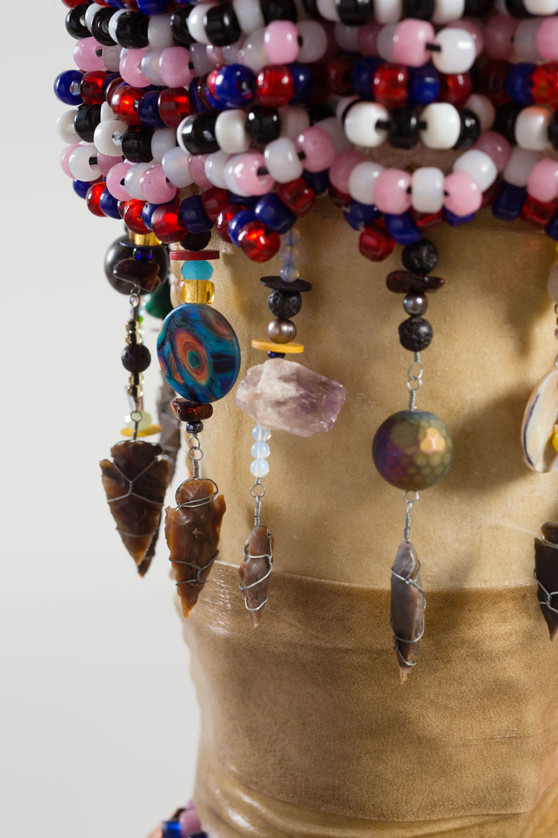  Come Alive! (I Feel Love) acrylic felt, rawhide, wood, glass beads, stone arrowheads, steel wire, assorted beads, tin and copper jingles, artificial sinew, acrylic paint, druzy quartz crystal, steel and brass studs