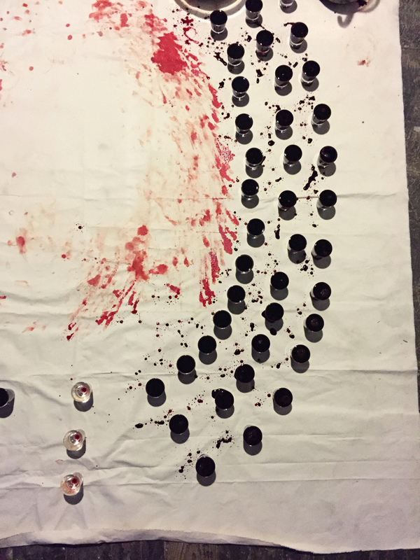 Jennifer Leigh Wright Song Feminist Artwork human blood, animal blood, canvas, shot glasses 